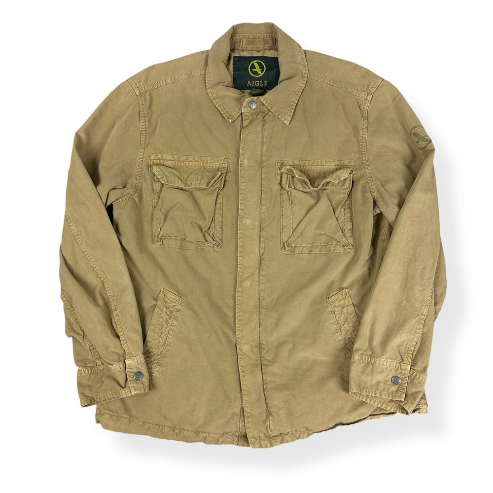 Vintage Aigle Men's Large Field Chore Jacket Coat‎ Khaki Tan Button Zip